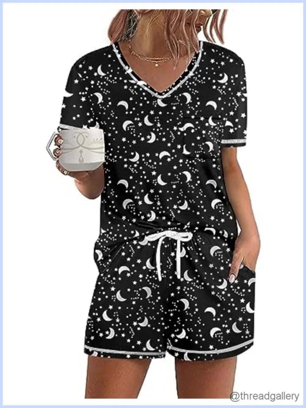 Women's 2 Piece Pajama Set Short Sleeve V Neck Top & Drawstring Shorts Sleepwear